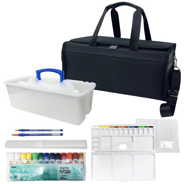 シンプルなデザインの絵の具セットをお探しの方に。6年生までしっかり使える、耐久性の高いナイロンショルダーベルトを採用した、黒色の絵の具バッグセットです。絵の具の汚れも目立ちづらく、撥水性のある生地を使用しています。絵の具と筆は安心のメーカー...