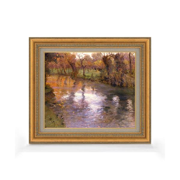油彩画 風景（川とボート） 金色フレーム QW4371 油絵 直筆仕上げ】フリット・タヴロー 川の畔の果樹園 F8 【額入り