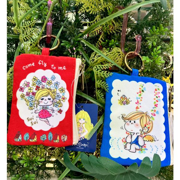 【水森亜土】カラビナ付きポーチ(2種類)「ハナ(赤)/ブランコ(青)」/ポーチ/大人可愛い/あどちゃん/男の子/女の子/グッズ/プレゼント/ギフト　