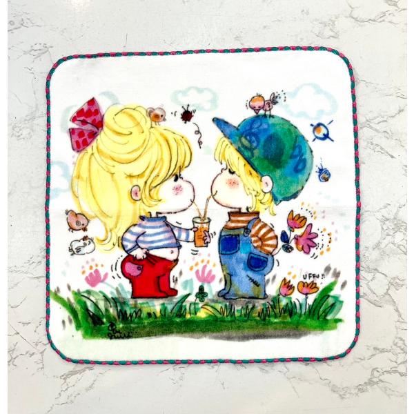 水森亜土】ミニタオル「カップル」25×25cm/かわいい/ハート/ピンク