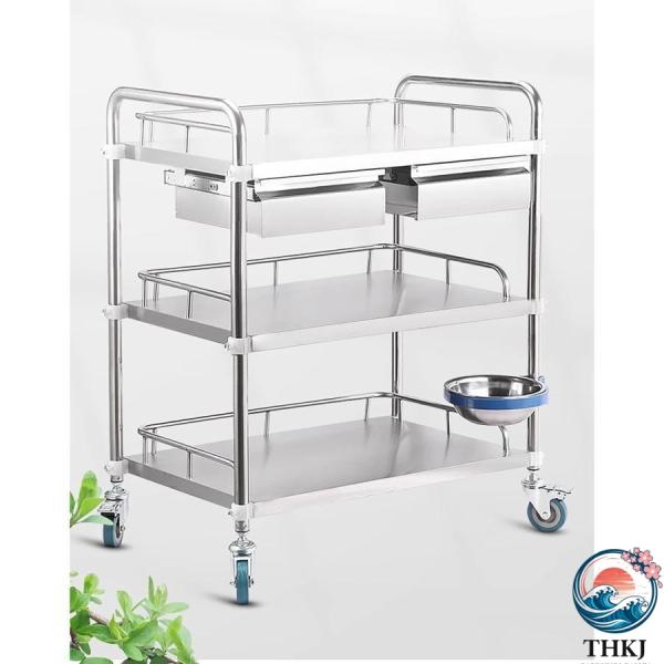 医療用トロリー 3段 回診車 医療カート キャスター付き 介護用ワゴン 医療カート 360°回転ホイール 耐荷重100KG ダートバケット 美容院ツールカート 病院/歯科/