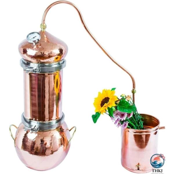 純銅密造酒蒸留器 蒸留水 発酵器 酒かん器 自家醸造 蒸留器5L 冷却チューブと  温度計 DIY キット付き 銅製蒸留器 生花 純露 ウイスキー 紫銅蒸留釜