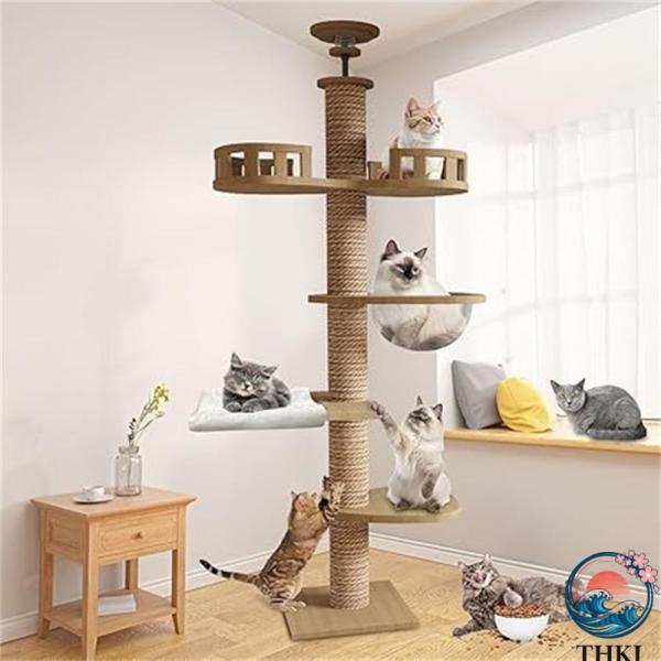 キャットタワー 突っ張り 木登りタワー 木製 キャットツリー スリム 宇宙船  ハンモック 多層無垢材 太い支柱 大型猫用 多頭飼い 猫タワー 爪とぎ