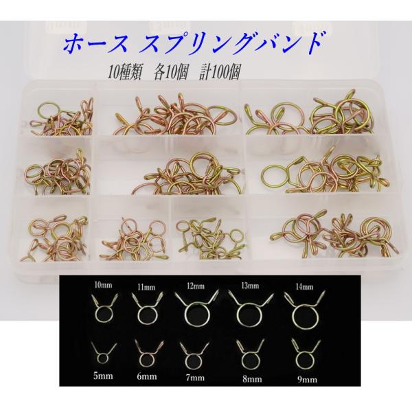 配送はネコポスです。日時指定は、宅急便をご利用ください。燃料パイプなどに使える ワイヤークリップバンドです。サイズは10種類、各10個　100個セットです。・材質：鉄、亜鉛メッキ・10サイズ、100個入り・サイズ　内径 5mm:10個 6m...