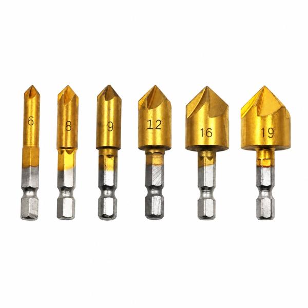 面取りカッター 6本セット 六角軸6.35mm 6〜19mm HSS ドリルビット 皿取り バリ取り 木工 DIY