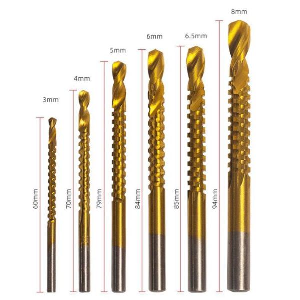 鋸歯状ツイストドリルビット 6本セット 3〜8mm HSS 丸軸 木工 穴あけ 溝加工