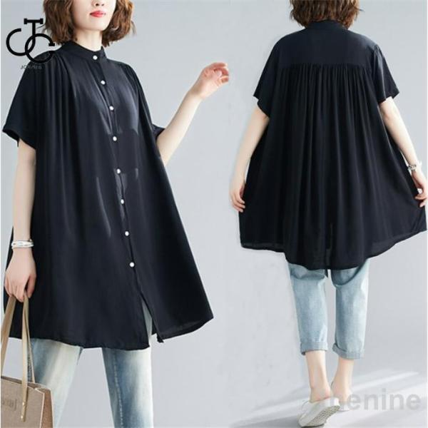 チュニック シャツワンピース  ロングシャツ レディース 半袖 春 夏 チュニックシャツ 大きいサイズ 無地 おしゃれ ロングワンピー Aライン 体型カバー 折襟