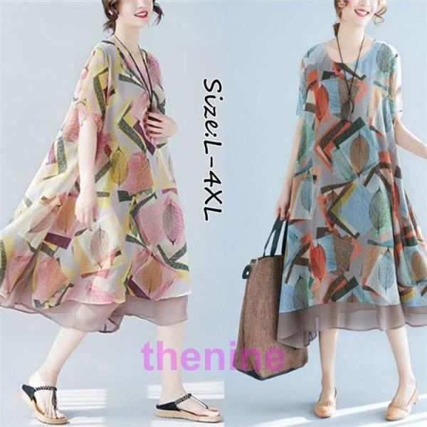 ワンピース 夏 レディース ロングワンピース 花柄 ミモレ丈 半袖 体型カバー フレア レトロ おしゃれ きれいめ 40代50代60代