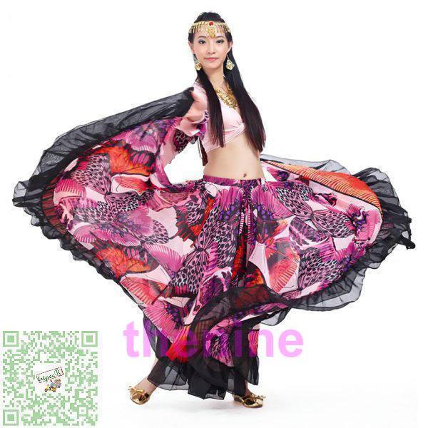 説明:レディースベリーダンススカートコスチュームセット軽量で柔らかいポリエステル生地製トップ:無地.Vネック.ユニークなフレアカフ.非常に快適スカート:カラフルなバタフライプリントデザイン.25ヤードビッグレースヘム.弾性ウエストバンドベリ...