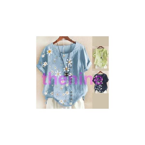 レディース ブラウス Tシャツ チュニック 春夏 半袖 花柄 プリント 可愛い ボートカラー 丸首 涼しい 清楚 綿 コットン 着心地 ゆったり 大きいサイズ