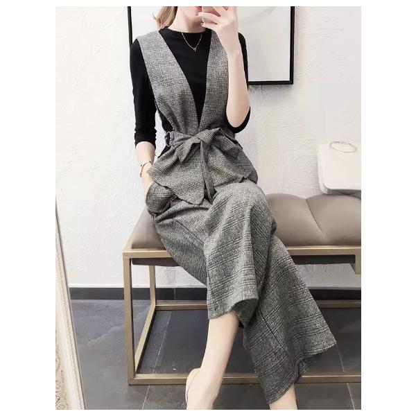 セットアップレディースワイドパンツチェック3点セットトップスベスト