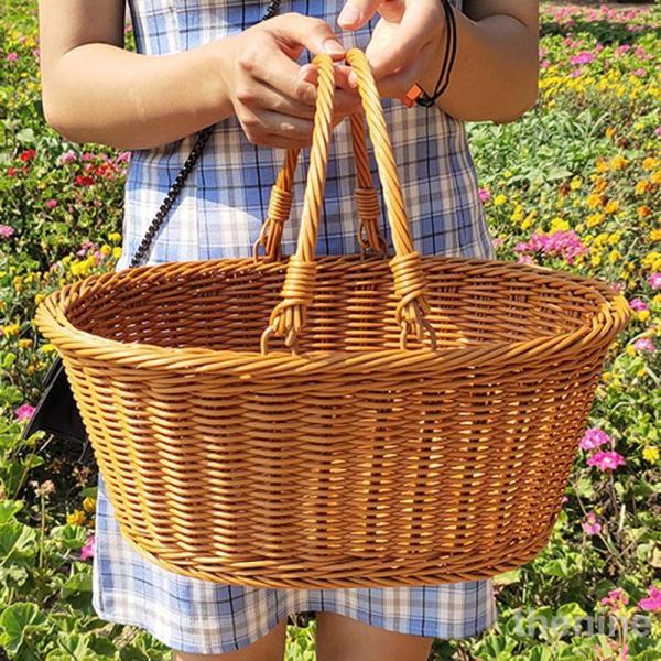 美品‼︎ 籐籠　オーバル型バスケット　ピクニック　インテリア小物入れ　レトロ 美品‼︎ 籐籠 オーバル型バスケット ピクニック インテリア小物