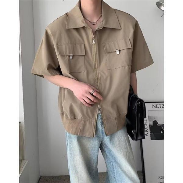 ミリタリーブルゾン メンズ 半袖 夏 ジップアップ ジャケット カーキ