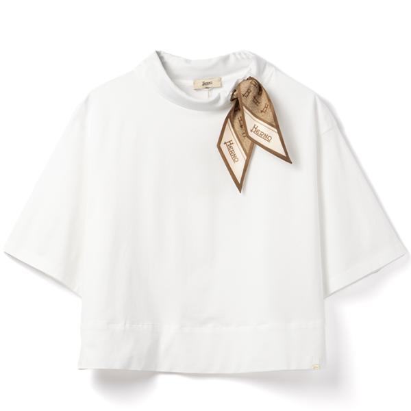 HERNO - ヘルノ HERNO Tシャツ レディース  シルクスカーフ付き SUPERFINE COTTON STRETCH 五分袖 ファネルネック JG000203D 52003 9300 HERNO（ヘルノ） 【並行輸入品】 HERNO Tシャツ シルクスカーフ付き
