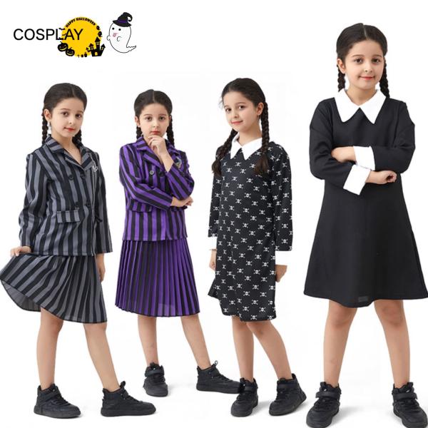 アダムス・ファミリー コスプレ衣装 子供服 ウェンズデー・アダムス コスチューム 子供 ストライプ 制服 ワンピース 骸骨ワンピース