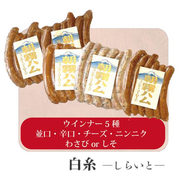朝霧ハム ギフトセット「白糸（しらいと）」ウィンナー5種（並口・辛口・チーズ・ニンニク・しそ風味）