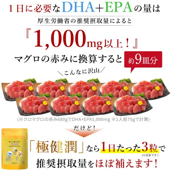 一日に必要なDHAとEPAの量,1000mg,極健潤なら1日3粒,厚生労働省,推奨摂取量,DHA,EPA,不足,魚不足,オメガ3,サプリ,サプリメント