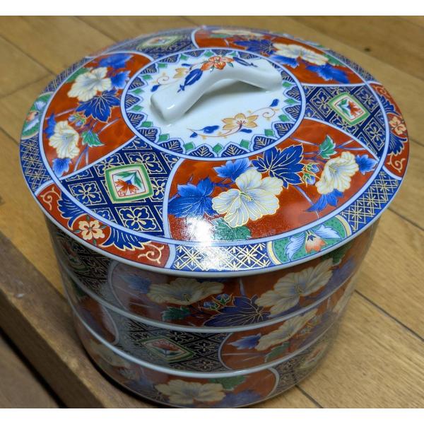 三段重 銀彩唐草 花柄 昭和レトロ お正月 重箱 おせち かわいい 陶器 
