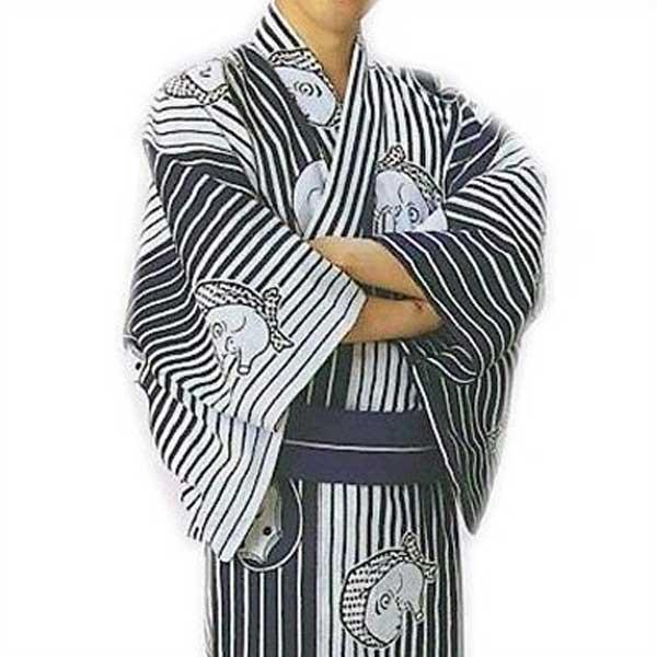 浴衣 白 紺 縞 おかめ ひょっとこ メンズ 小紋 仕立上り ゆかた 祭 （s