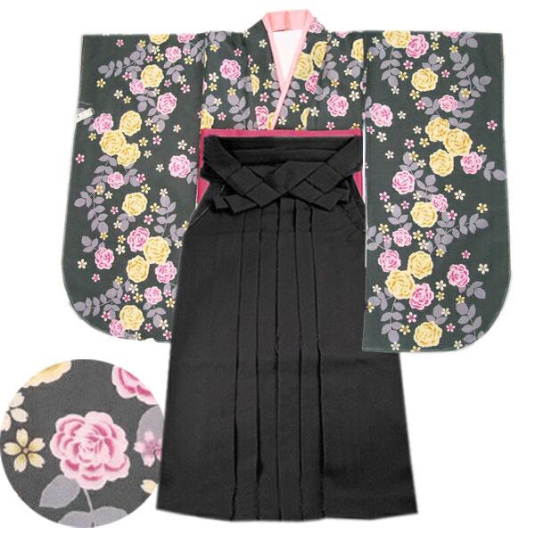 卒業式 二尺袖着物 袴 セット ５点セット No26 グレー バラ  着物 二尺袖 きもの 和服 レディース 女性 レトロ 激安 謝恩会 袴セット ZR