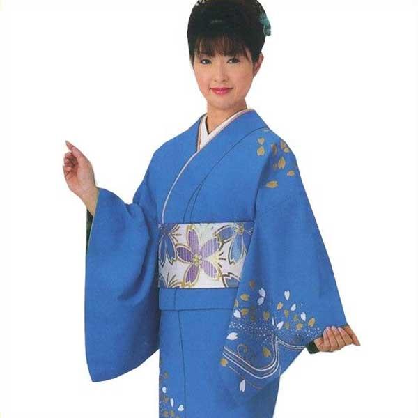 着物 ブルー 流水 桜 レディース 仕立上り 絵羽 胴抜 洗える着物 （s族