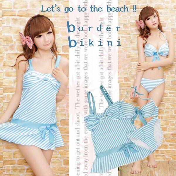 ボーダー水着 ３点セット 水色 ビキニ リボン Afks 1006 Swim Smas Asalter エソルタ 通販 Yahoo ショッピング