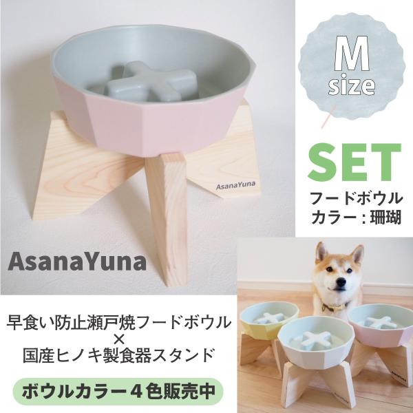 【早食い防止フードボウル×国産ヒノキ製食器スタンドのセット】どちらも高品質な日本製！サイズは若干の誤差がございます。[フードボウルMサイズ]・材質半磁器（瀬戸焼）・サイズ上部直径：約16.5cm,下部直径：約13.5cm,高さ：約5.0cm...