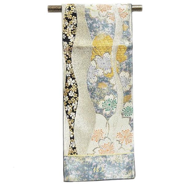 正絹 西陣織 袋帯 黒に引き箔 鶴 リボン柄 結婚式 振袖 フォーマル 正絹 西陣織 袋帯 黒に引き箔 鶴 リボン柄 結婚式 振袖 フォーマル