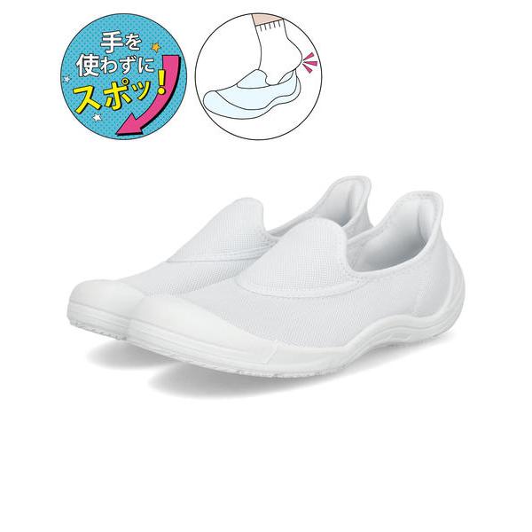 手を使わずにスポッ！立ったままサッとすぐ履けるバレーシューズ(上履き)が登場！アウトソールに硬質PVCを採用し、踵を大きく巻上げた形状で、踵をつぶさず正しく履ける今までにない新しい上履きです。通気性に優れたメッシュ素材が、足に合わせて柔らか...