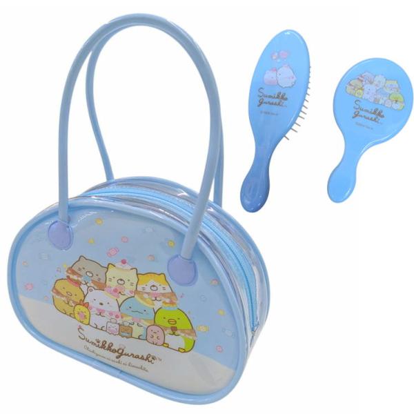 大人気キャラクター「すみっコぐらし」のおでかけセット[ブラシ＆ミラーセット]かわいいクリアバッグにブラシとミニミラーがセットになっていますおでかけ先でも身だしなみをチェックできるからおしゃれなキッズにぴったりパッケージサイズ：約160x11...