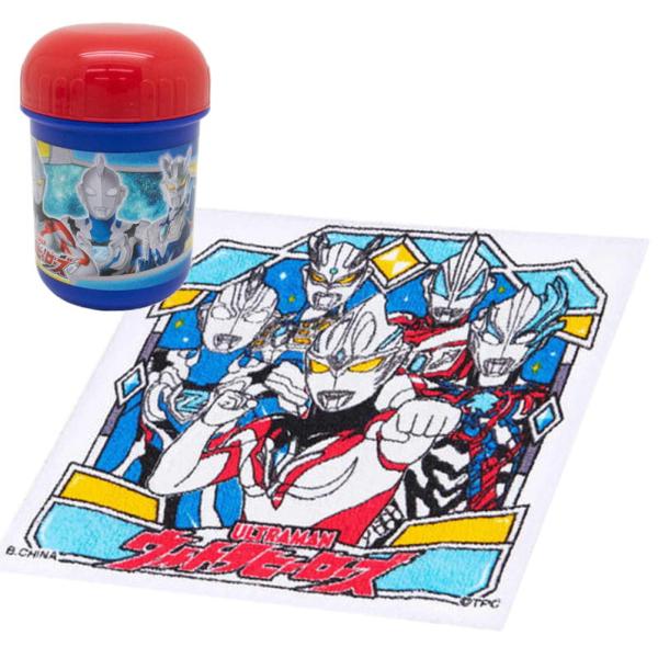 人気キャラクターウルトラヒーローズお弁当の時や行楽でのお手ふきに便利なおしぼりセットケース付きなのでコンパクトに持ち運び ●サイズ：おしぼり=30×30cm ケース= 約 高さ9.1cm 直径：約 6.3cm●素材・材質：おしぼり=綿100...