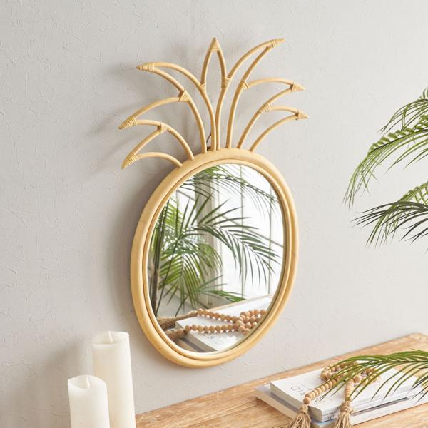 大きい 鏡 壁掛け ミラー ラタン ウォールミラー 楕円 パイナップル