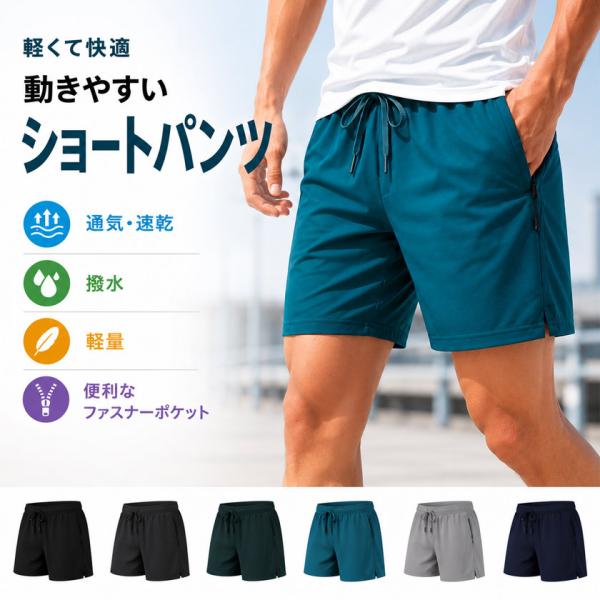 ショートパンツ メンズ 軽量 速乾 ハーフ スポーツ ランニング ジム トレーニング 撥水 ファスナーポケット