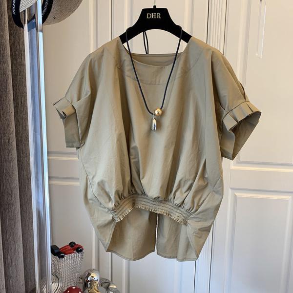 シャツ レディース ドルマンスリーブ トップス 無地 丸首 前後差 Tシャツ ブラウス フレンチスリーブ ゆったり 体型カバー ワイド 大きめ 夏服 リボン付き