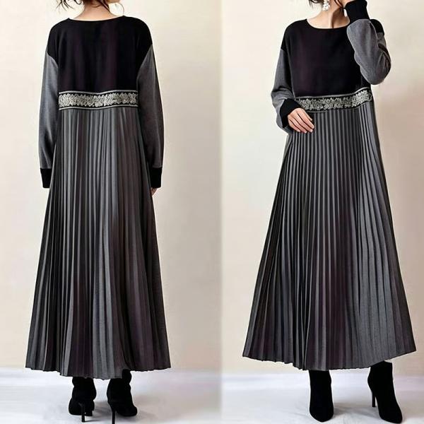 ワンピース 長袖 レディース 秋服 切り替え プリーツ Aラインワンピース ロングワンピース ミモレ丈 大人きれいめ 40代 50代 60代 仕事 オフィス リゾート 春秋