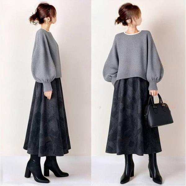 ■販売内容：セーター+スカート■素材セーター：アクリル　コットン　ポリエステルスカート：ポリエステル■伸縮性：セーターはややあり　 透け感：なし■色：グレーブラック■サイズ詳細情報：約セーターS:着丈53cm バスト94cm 袖丈60cm ...