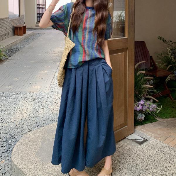 セットアップ レディース 夏服 シャツ 半袖 丸首 ボタン付き ワイドパンツ タックパンツ ガウチョパンツ ウエストゴム ポケット 大人きれいめ 30代40代50代 パン