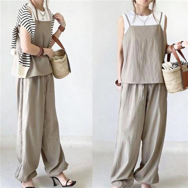 セットアップ レディース 夏服 トップス 夏 キャミソール キャミ 上下セット ワイドパンツ ウエストゴム 裾口ゴム 2点セット 通勤 OL きれいめ 40代 30代 無地