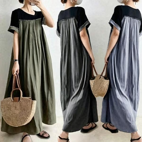 ワンピース Vネック レディース 半袖 夏服 フレアワンピース Aラインワンピース ロングワンピース バイカラー 大人きれいめ 体型カバー 可愛いゆったり 40代