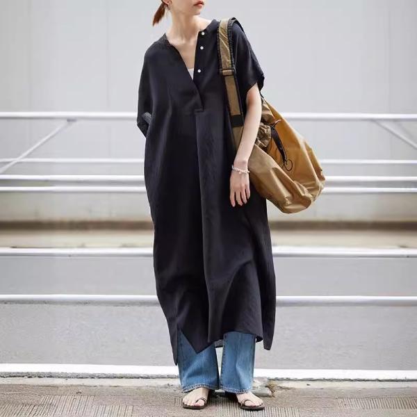 ワンピース 半袖 レディース 夏服 黒 ブラック シャツワンピース ロング タック 大人カジュアル プルオーバー ゆったり 30代40代50代60代 シンプル vネック
