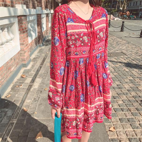 ワンピース リゾートワンピース 花柄 ミニワンピース レディースワンピース 膝上丈 丸首 ボヘミアンワンピース 長袖 体型カバー S M L Xl Xxl 旅行 Hd アジアンストア 通販 Yahoo ショッピング