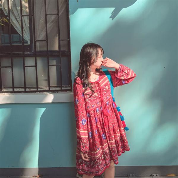 ワンピース リゾートワンピース 花柄 ミニワンピース レディースワンピース 膝上丈 丸首 ボヘミアンワンピース 長袖 体型カバー S M L Xl Xxl 旅行 Hd アジアンストア 通販 Yahoo ショッピング