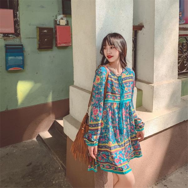 ワンピース リゾートワンピース 花柄 ミニワンピース レディースワンピース 膝上丈 丸首 ボヘミアンワンピース 長袖 体型カバー S M L Xl Xxl 旅行 Hd アジアンストア 通販 Yahoo ショッピング