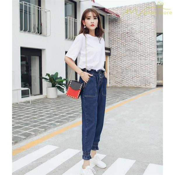 デニムパンツ ジーンズ ゆったり レディース オシャレ デイリーコーデ フリル スタイリッシュ ボトムス 九分丈パンツ ウエストゴム シングル ハイウエスト Ybsk アジアンストア 通販 Yahoo ショッピング
