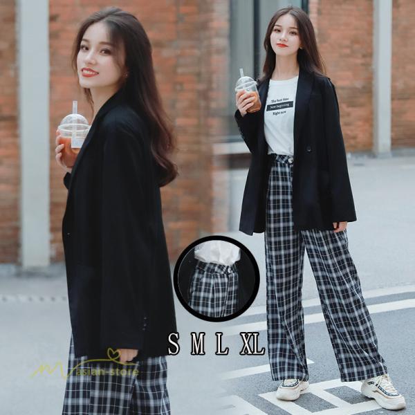 セットアップ レディース パンツスーツ ワイドパンツ フォーマル オフィス ビジネス かっこいい ズボン 長袖 2点セット 通勤 ゆったり レトロ風 チェック柄 Yhyfs アジアンストア 通販 Yahoo ショッピング