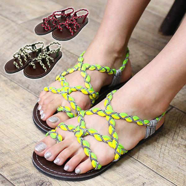 春夏20％オフ】サンダル レディース ひも編み フラットサンダル