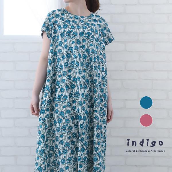 indigo ワンピース 半袖 レディース 膝丈 夏 花柄 40代 50代 Aライン
