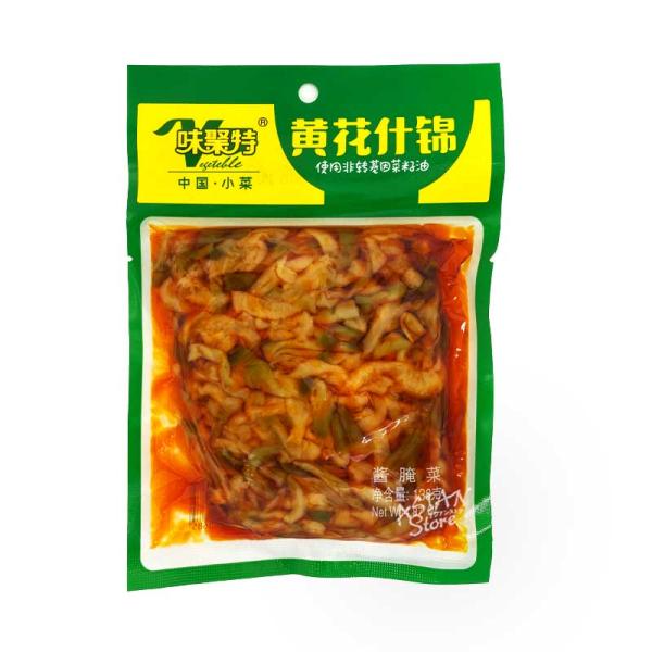 【商品名】味聚特味付けザーサイ/味聚特黄花什錦【原材料】ザーサイ、カブ、ササゲ、植物油脂（菜種油）、ウルイ、食塩、砂糖、唐辛子、料理酒、酵母エキス、香辛料、調味料（アミノ酸等）、酸味料、酸化防止剤（エルソルビン酸Na）【内容量】138ｇ【原...