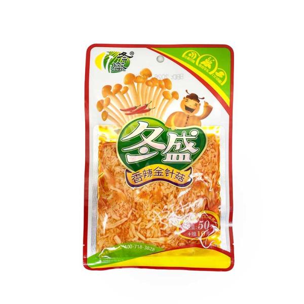 【商品名】辛口エノキタケ／冬盛金針〓香辣味【原材料】えのきたけ、大豆油、赤唐辛子パウダー、山椒、食塩、白砂糖、酵母エキス、マルキトデキストリン、チキンパウダー/調味料（アミノ酸等）、酸化防止剤（エリソルビン酸Na）、酸味料、pH調整剤、増粘...