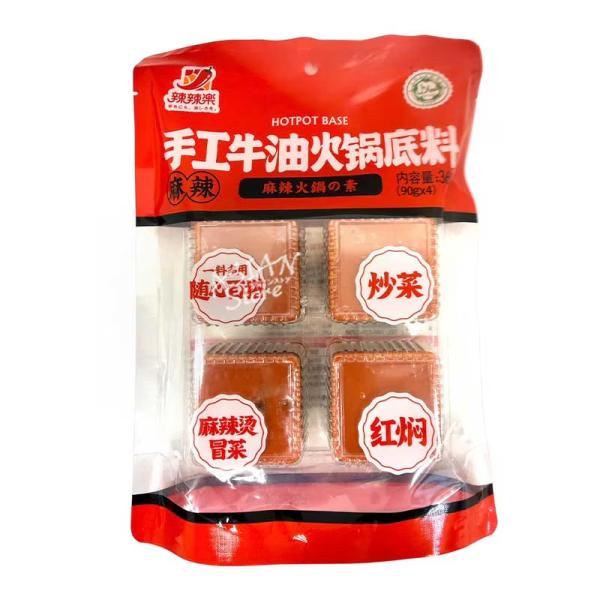 【常温便】辣辣楽 麻辣火鍋の素 4割れ（マーラー）／辣辣楽 手工牛油火鍋底料４個装 360g（90g×4）【4528462310032】【異なる配送便の商品の同時購入不可】